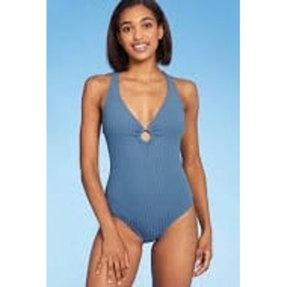 Kona Sol Blue Wide Ribbed O Ring‎ Women's One Piece Swimsuit, Medium